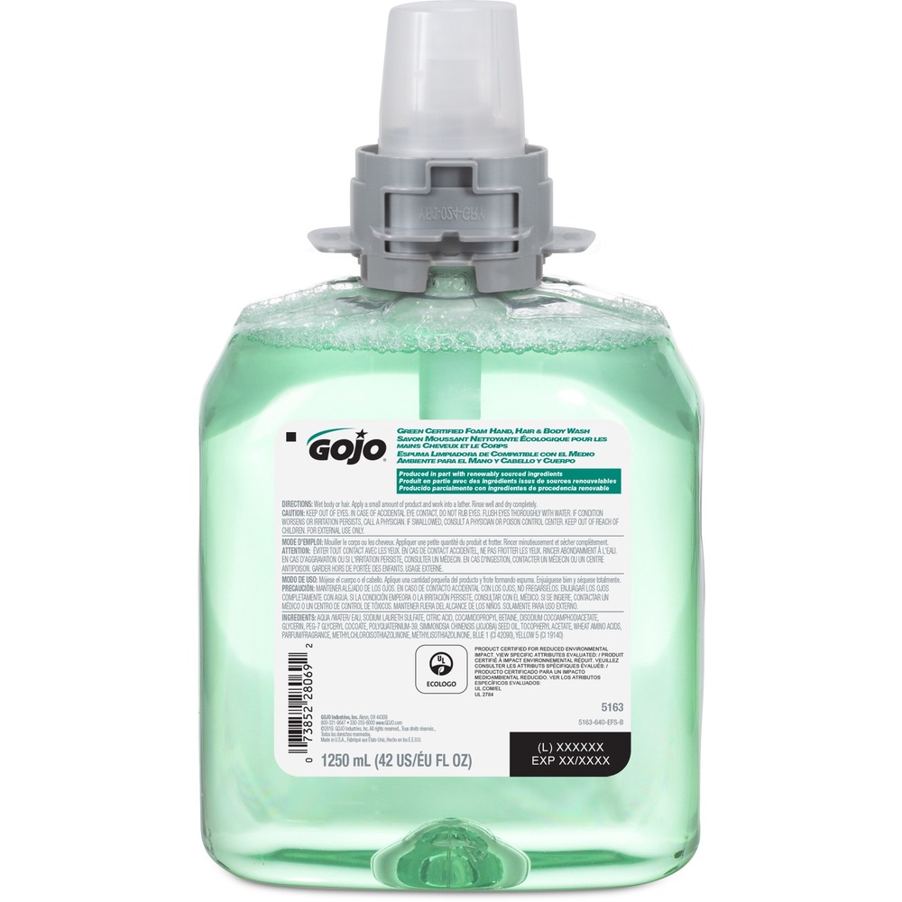 GOJ516304 - Designed for use in the GOJO FMX-12 Dispenser, this spa-quality refill of foam body wash and hair shampoo features a garden-fresh, cucumber melon fragrance. Mild, formulation rinses clean without buildup or residue associated with liquid soap. Green-certified refill meets EcoLogo CCD-104 environmental standard for institutional hand cleaners based on its reduced human and aquatic toxicity and reduced smog production potential. Sanitary Sealed design helps lock out germs. Each refill includes a fresh dispensing valve.