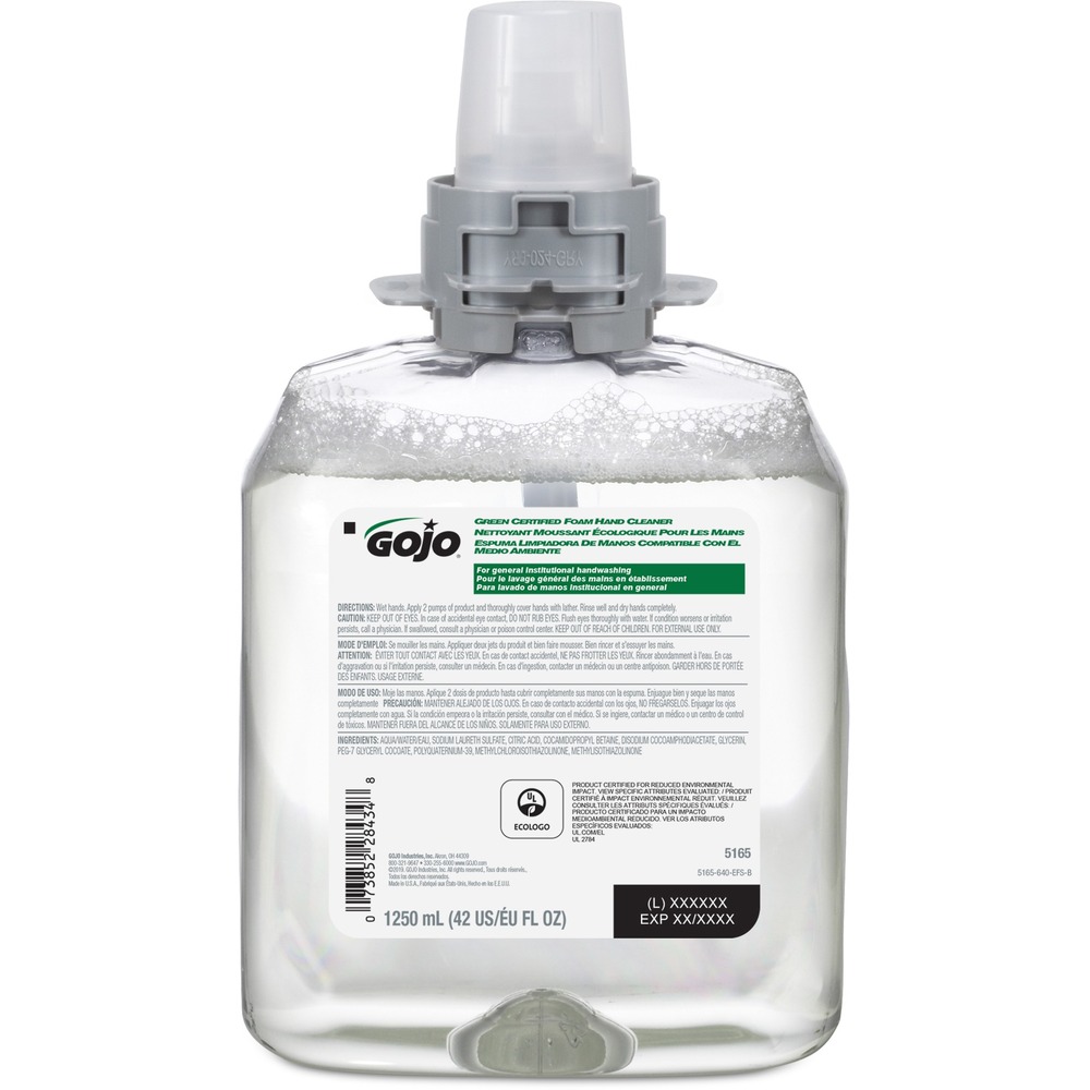 GOJ516504 - Designed for GOJO FMX-12 Dispensers, this Green Certified foam hand cleaner will contribute to achieving your company's sustainability goals while addressing the health and well-being needs of employees and visitors. Fragrance-free, self-lathering foam formula is made with naturally renewable, plant-based ingredients free of antibacterials, triclosan, parabens and phthalates that can irritate skin. It is USDA Certified Biobased and Ecology Certified.
