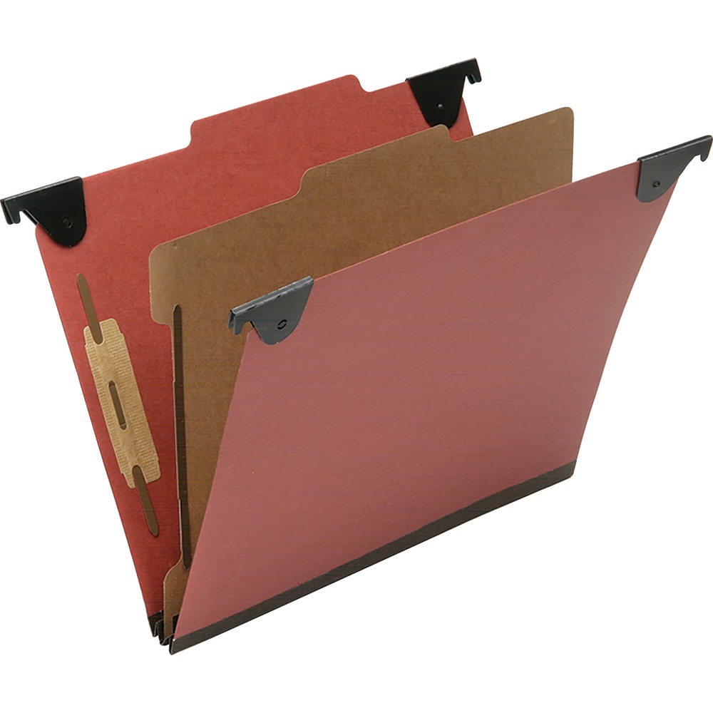NSN6816249 - Heavy-duty portable folders are perfect for use in desk drawers or cabinets. Pivoting fold-down hangers allow you to have a classification folder ready to go. Folders are made of durable, 25 point pressboard covers and feature 1" capacity bonded fasteners and top tabs that are 2/5-cut and right of center. Each folder also features 2" Tyvek expansion gusset bottom and one divider to create four sections. Dividers are made of 17 point Kraft material and include dual 1" coated fasteners. TAA-compliant folders are made using 60 percent total recycled fiber with 30 percent post-consumer recycled material.