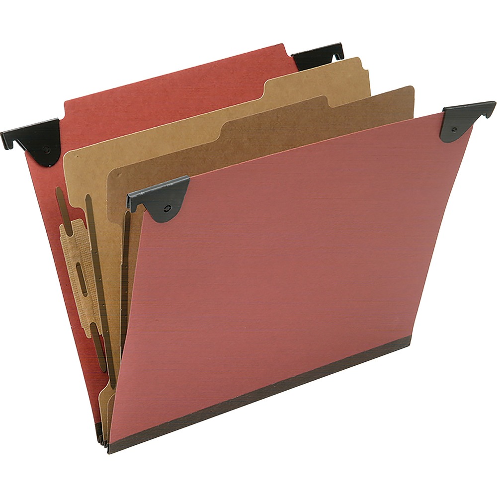 NSN6815828 - Heavy-duty hanging classification folders are perfect for use in desk drawers or cabinets. Pivoting fold-down hangers allow you to have a classification folder ready to go. Folders are made of durable, 25 point pressboard covers and feature 1" capacity bonded fasteners and a straight top tab. Each folder also features a 2" Tyvek expansion gusset bottom and two dividers to create six sections. Dividers are made of 17 point Kraft material and include dual 1" coated fasteners. TAA-compliant folders are made using 60 percent total recycled fiber with 30 percent post-consumer recycled material.
