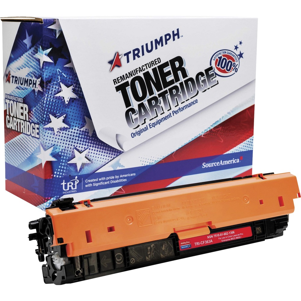 NSN6821306 - Remanufactured toner cartridge is designed for use in HP Color LaserJet Enterprise M533dh, M533dn, M533n, M553x; Color LaserJet Enterprise MFP M577f, MFP M577dn; and Color LaserJet Enterprise flow MFP M577z. AbilityOne toner provides strategic opportunities to address a variety of customer needs including significant savings, guaranteed performance, compliance with executive orders and free recycling solutions. Plus, every purchase creates jobs for people with disabilities. TAA-compliant cartridge is assembled in the U.S.A., made using 35 percent post-consumer content and meets ISO 14001 recycling standards. It yields approximately 5,000 pages.