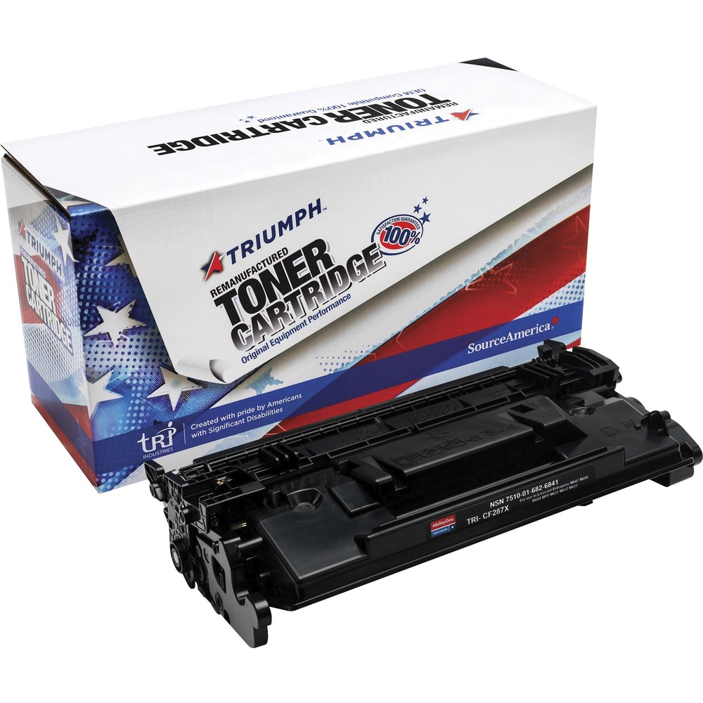 NSN6826841 - Remanufactured, high-yield toner cartridge is designed for use in HP LaserJet Enterprise M506dn, M506n, M506x; LaserJet MFP M527f, MFP 527dn; LaserJet Pro M501dn and LaserJet Enterprise flow MFP M527z. AbilityOne toner provides strategic opportunities to address a variety of customer needs including significant savings, guaranteed performance, compliance with executive orders and free recycling solutions. Plus, every purchase creates jobs for people with disabilities. TAA-compliant cartridge is assembled in the U.S.A., made using 35 percent post-consumer content and meets ISO 14001 recycling standards. It yields approximately 18,000 pages.