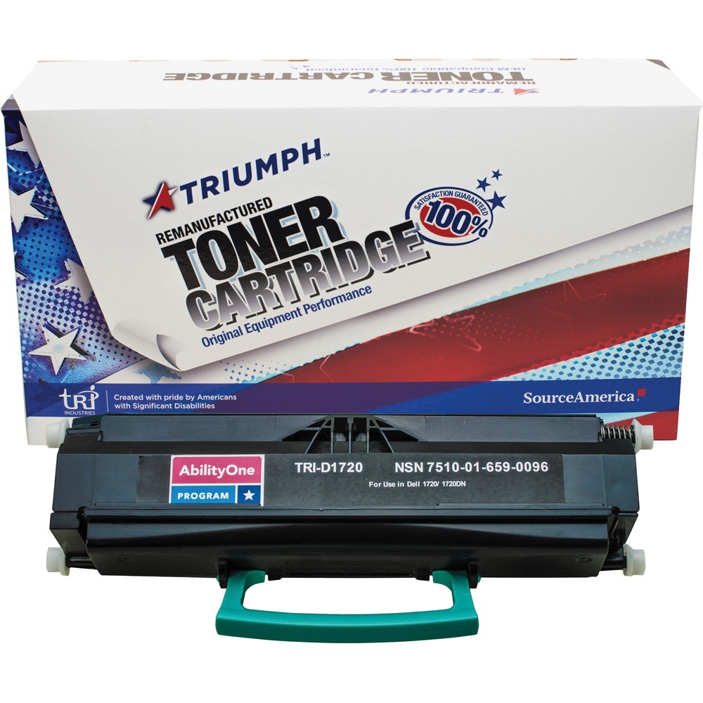 NSN6590096 - Remanufactured toner cartridge is designed for use in Dell 1720 Series Printers. AbilityOne toner provides strategic opportunities to address a variety of customer needs, including significant savings, guaranteed performance, compliance with executive orders and free recycling solutions. Plus, every purchase creates jobs for people with disabilities. TAA-compliant cartridge is assembled in the U.S.A., made using 35 percent post-consumer content and meets ISO 14001 recycling standards. Cartridge yields approximately 6,000 pages.