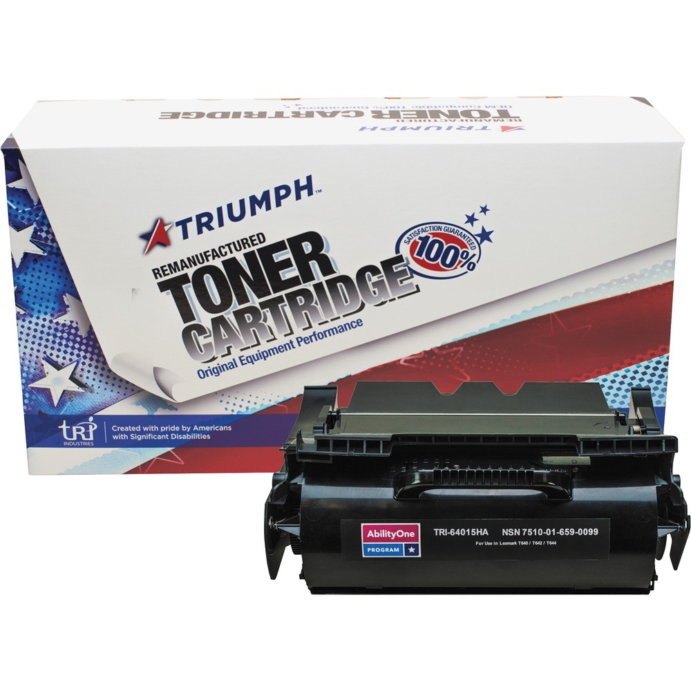 NSN6590099 - Remanufactured toner cartridge is designed for use in Lexmark T640, T642 and T644 Series Printers. AbilityOne toner provides strategic opportunities to address a variety of customer needs, including significant savings, guaranteed performance, compliance with executive orders and free recycling solutions. Plus, every purchase creates jobs for people with disabilities. TAA-compliant cartridge is assembled in the U.S.A., made using 35 percent post-consumer content and meets ISO 14001 recycling standards. Cartridge yields approximately 21,000 pages.