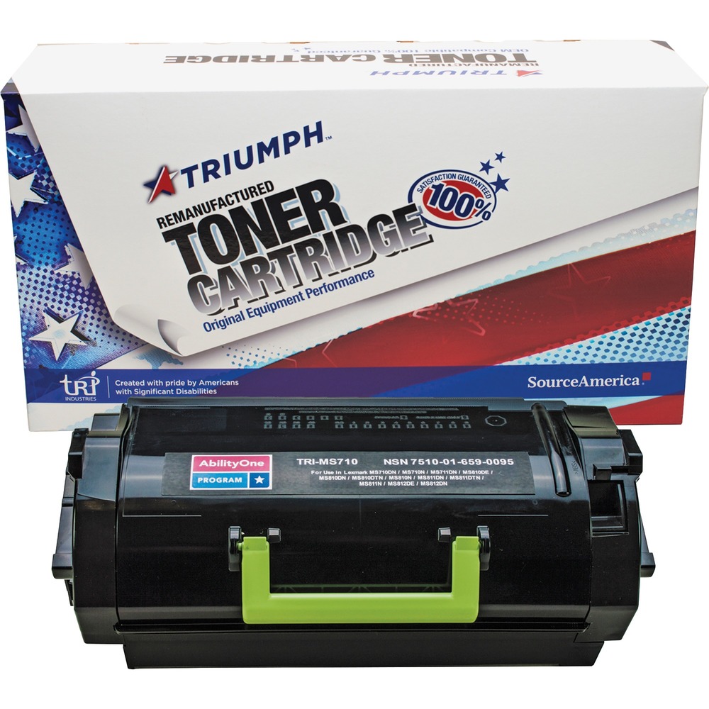 NSN6590095 - Remanufactured toner cartridge is designed for use in Lexmark MS710, MS711, MS810, MS811 and MS812 Series Printers. AbilityOne toner provides strategic opportunities to address a variety of customer needs, including significant savings, guaranteed performance, compliance with executive orders and free recycling solutions. Plus, every purchase creates jobs for people with disabilities. TAA-compliant cartridge is assembled in the U.S.A., made using 35 percent post-consumer content and meets ISO 14001 recycling standards. Cartridge yields approximately 25,000 pages.