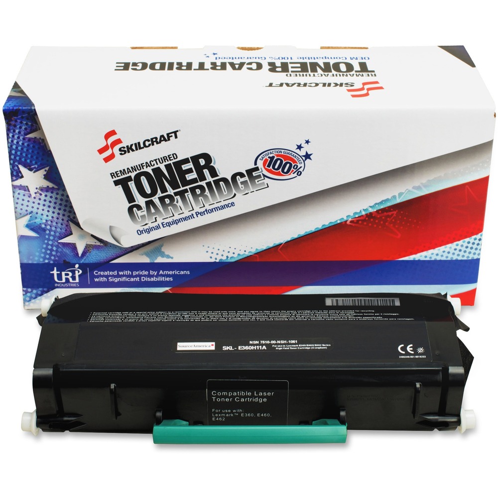 NSN6419545 - Remanufactured toner cartridge is designed for use in Lexmark E360, E460, E462, X462, X463 and X466 Series. AbilityOne toner provides strategic opportunities to address a variety of customer needs, including significant savings, guaranteed performance, compliance with executive orders and free recycling solutions. Plus, every purchase creates jobs for people with disabilities. TAA-compliant cartridge is assembled in the U.S.A., made using 35 percent post-consumer content and meets ISO 14001 recycling standards. High-yield cartridge yields approximately 9,000 pages.