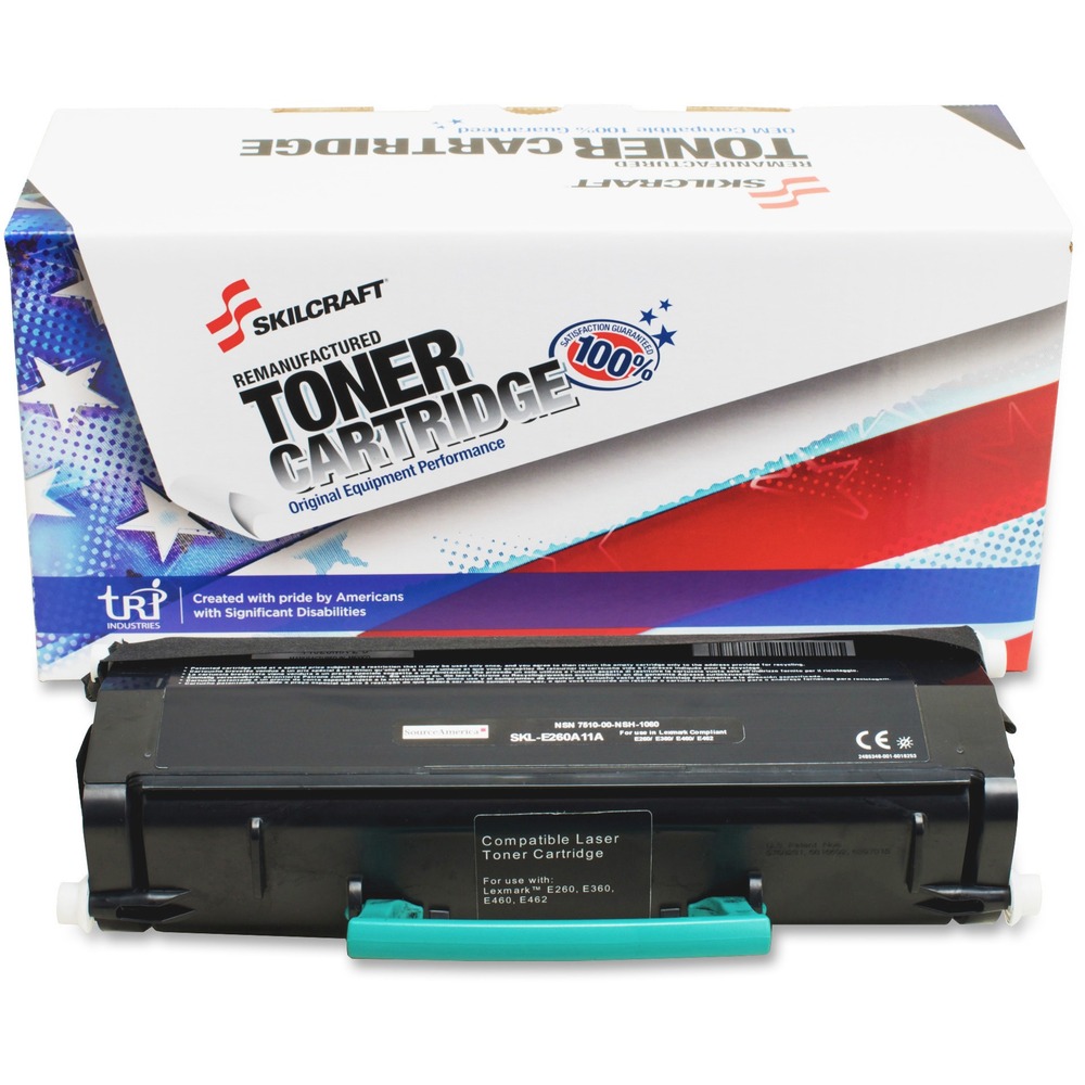 NSN6419549 - Remanufactured toner cartridge is designed for use in Lexmark E260, E360, E460 and E642 Series. AbilityOne toner provides strategic opportunities to address a variety of customer needs, including significant savings, guaranteed performance, compliance with executive orders and free recycling solutions. Plus, every purchase creates jobs for people with disabilities. TAA-compliant cartridge is assembled in the U.S.A., made using 35 percent post-consumer content and meets ISO 14001 recycling standards. Cartridge yields approximately 3,500 pages.