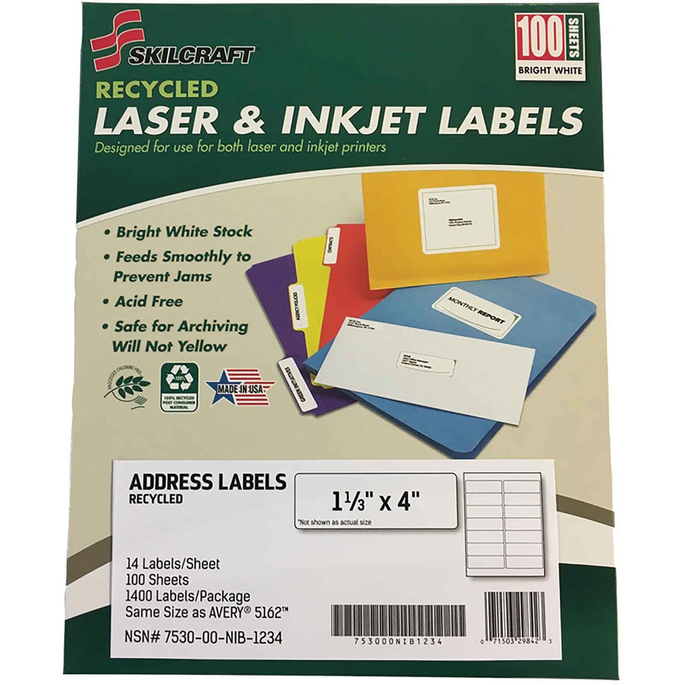 NSN6736513 - High-quality, bright-white address labels offer a convenient way to create professional labels quickly and easily. They are also perfect for the environmentally friendly office. Face sheet is made using 100 percent recycled post-consumer fiber and is processed chlorine-free (PCF). The adhesive meets the USPS specification USPS-2-1238. Labels are both acid-free and lignin-free, making them non-yellowing and safe for archiving. They are compatible with both desktop laser and inkjet printers, feeding smoothly to prevent jams. Product packaging is made using 100 percent recycled content and 60 percent post-consumer waste. Each sheet includes 14 labels that each measure 1-1/3" x 4".