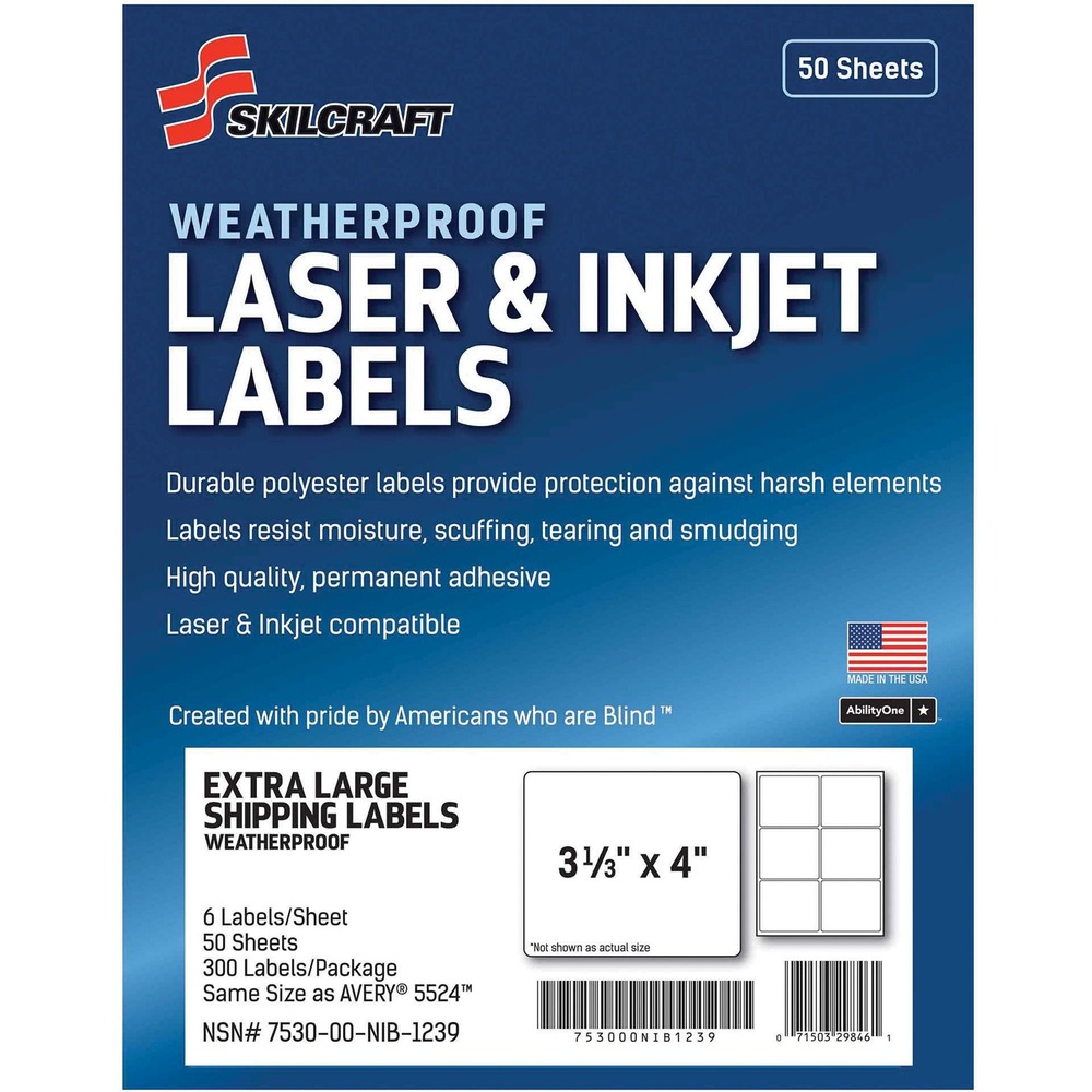 NSN6736217 - These weatherproof mailing labels are the perfect solution to your mailing and shipping needs. Durable polyester stands up against harsh weather and conditions. They resist moisture, scuffing, tearing and smudging. High-quality permanent adhesive sticks to tough surfaces, ensuring your label won't fall off your package. Labels are easy to customize and compatible with laser and inkjet printers. Each sheet includes six extra-large shipping labels that measure 3-1/3" x 4".