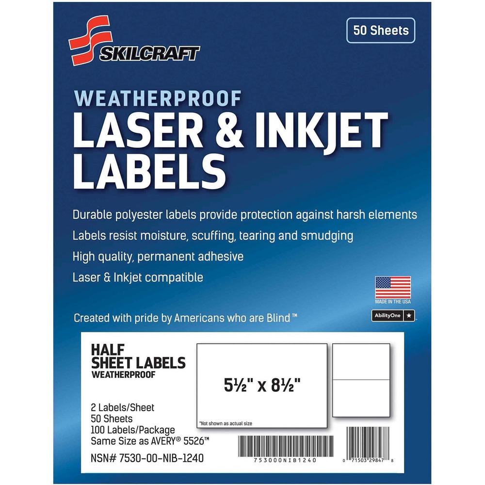 NSN6736219 - These weatherproof mailing labels are the perfect solution to your mailing and shipping needs. Durable polyester stands up against harsh weather and conditions. They resist moisture, scuffing, tearing and smudging. High-quality permanent adhesive sticks to tough surfaces, ensuring your label won't fall off your package. Labels are easy to customize and compatible with laser and inkjet printers. Each sheet includes two labels that measure 5-1/2" x 8-1/2".