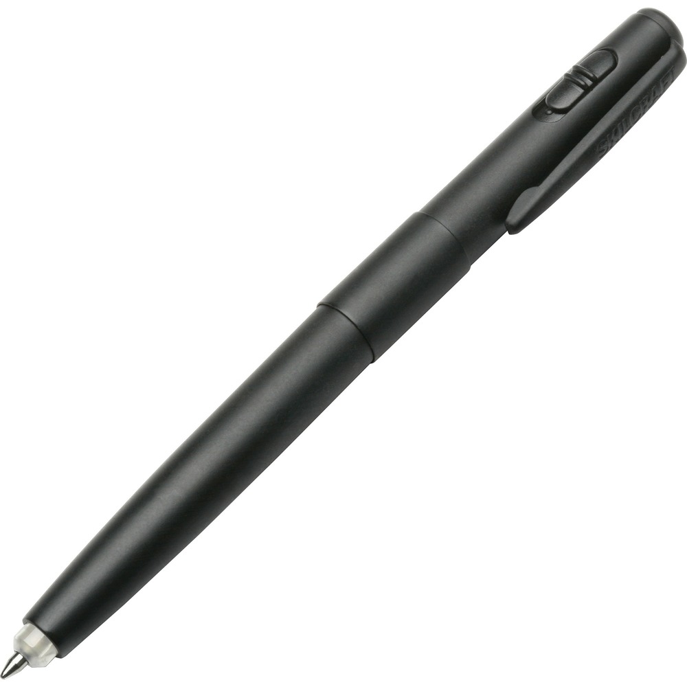 NSN6611669 - Luminator LED Light Pen features a red LED light that illuminates as you write. Pressurized filler writes in extreme weather, including cold and wet, or in-flight and zero-gravity conditions. It is built to last with a nonreflective metal barrel that withstands heavy-duty use. Twist writing mechanism retracts the tip. Refillable pen includes battery, spare battery, ink refill and handle pocket clip.