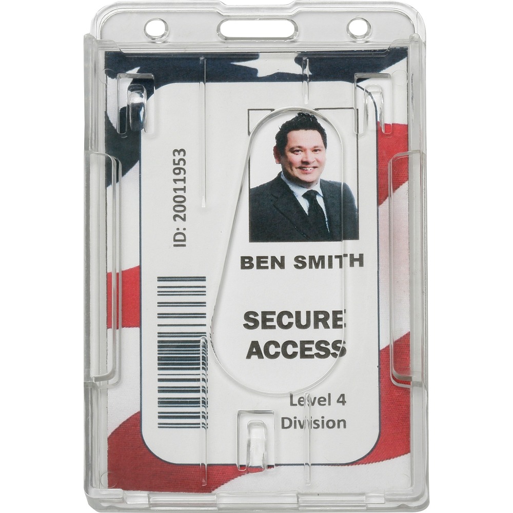 NSN6660469 - ID holder features a dual-card design to keep two, standard-size IDs, Smart Cards and more easily accessible yet secure. Its clear, durable design protects from scuffs and scratches while offering complete visibility of your information. Slot and chain holes allow easy vertical attachment to lanyards, strap clips and badge reels (each sold separately). ID holder is perfect for airport, janitorial, stadium staff and more.