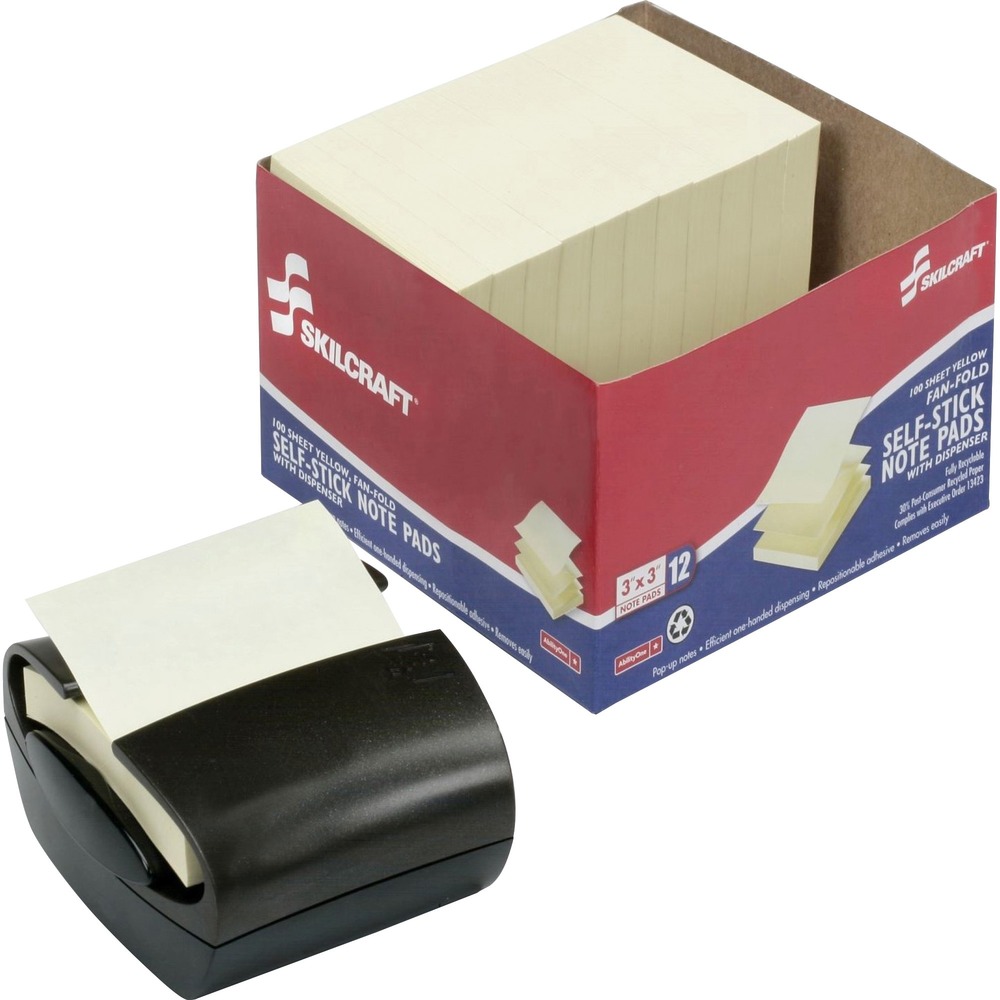 NSN5652771 - Self-Stick Note Pads come with a convenient, executive-style dispenser weighted for easy one-handed dispensing. The fanfold note design dispenses notes one at a time. Use notes to capture messages, phone numbers and to-do items. The adhesive on the back allows notes to stick securely to almost any surface. Fully recyclable notepads are made using a minimum of 30 percent post-consumer material. Each pad contains 100 sheets. Dispenser comes in assorted colors that are randomly selected. All SKILCRAFT Self-Stick products are produced by Americans who are blind. Purchasing this AbilityOne mandatory source product ensures your compliance with federal procurement regulations.