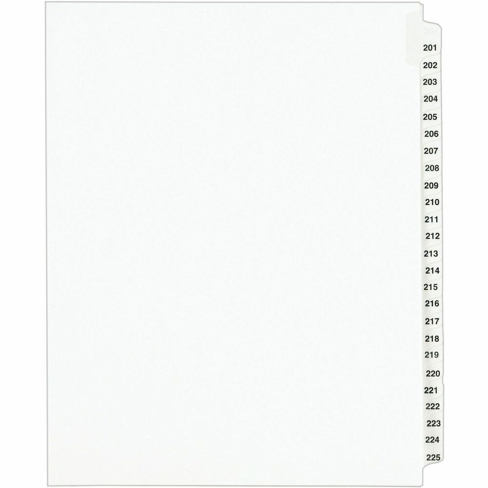AVE01338 - This Standard Collated Legal Divider Set features side tabs labeled 201 through 225 so it's perfect for index briefs, legal exhibits, mortgage documentation files and more. Clear, Rip Proof reinforced tabs are preprinted on both sides using Helvetica bold type for easy use. Unpunched binding edge on these letter-size dividers gives you the freedom to fit practically any binding system. Dividers are made of white paper stock. More from the Manufacturer
