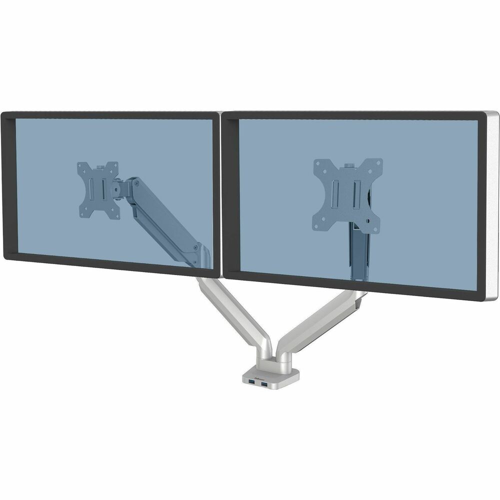 FEL8056501 - Elevate your workspace with the Fellowes Platinum Series Dual Monitor Arm, designed to reduce neck and eye strain while maximizing desk space. The Platinum Series ergonomic monitor arm supports up to 40" and 17.6 lbs, making it ideal for home, office, or gaming setups. Featuring fully independent arms with gas spring technology, the Platinum Dual Monitor Arm makes adjustments effortless and enables flexible viewing angles with 360° rotation and +/-45° screen tilt. The quick-fit VESA plate ensures an easy setup, attaching securely to desks via grommet or clamp. Featuring two integrated USB ports at the base, the Platinum Series allows you to keep your devices powered while maintaining a clutter-free workspace thanks to the innovative cable management system. Combining quality, durability, and ease of use, the Platinum Dual monitor arm provides exceptional value and flexibility for any workstation. More from the Manufacturer
