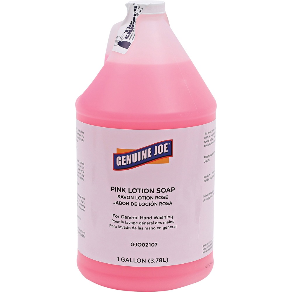 GJO02107 - Pink Lotion Soap creates a thick, rich lather. Unique emollient system ensures mildness to the skin. It makes an excellent choice for anyone who needs to wash their hands several times a day. Gallon-size bottle with a handle is easy to pour into pump dispensers (sold separately).