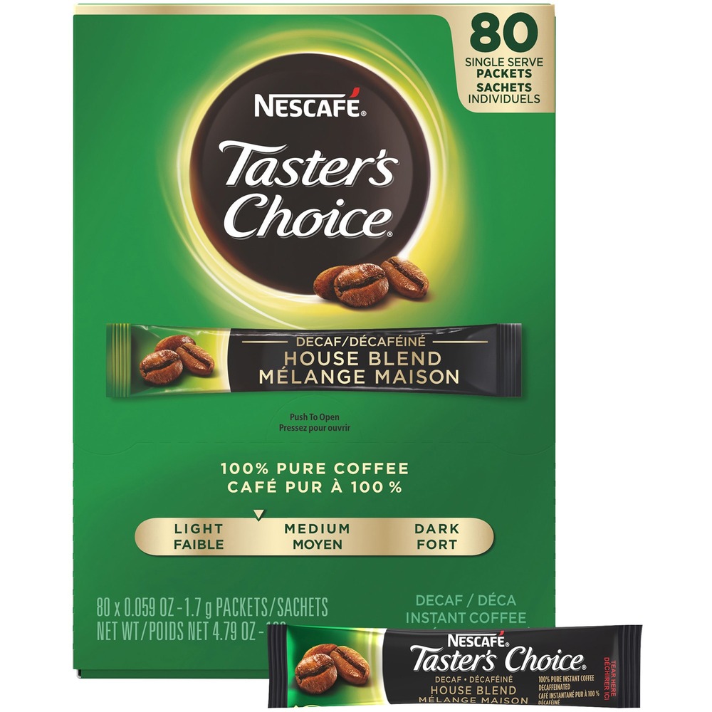 NES66488 - NESCAFE Taster's Choice House Blend Decaf Coffee Packets create a cup of smooth, mild-roasted instant coffee made from 100 percent pure, responsibly sourced coffee beans. Easily prepare fresh-tasting, consistent coffee without the hassle of roasting and grinding. Master coffee crafters roast and brew the special blend of premium-quality coffee beans, and then flash freeze the coffee to lock in well-balanced flavor. Packets help minimize product waste with long-lasting, fresh taste vs. roast and ground coffee.