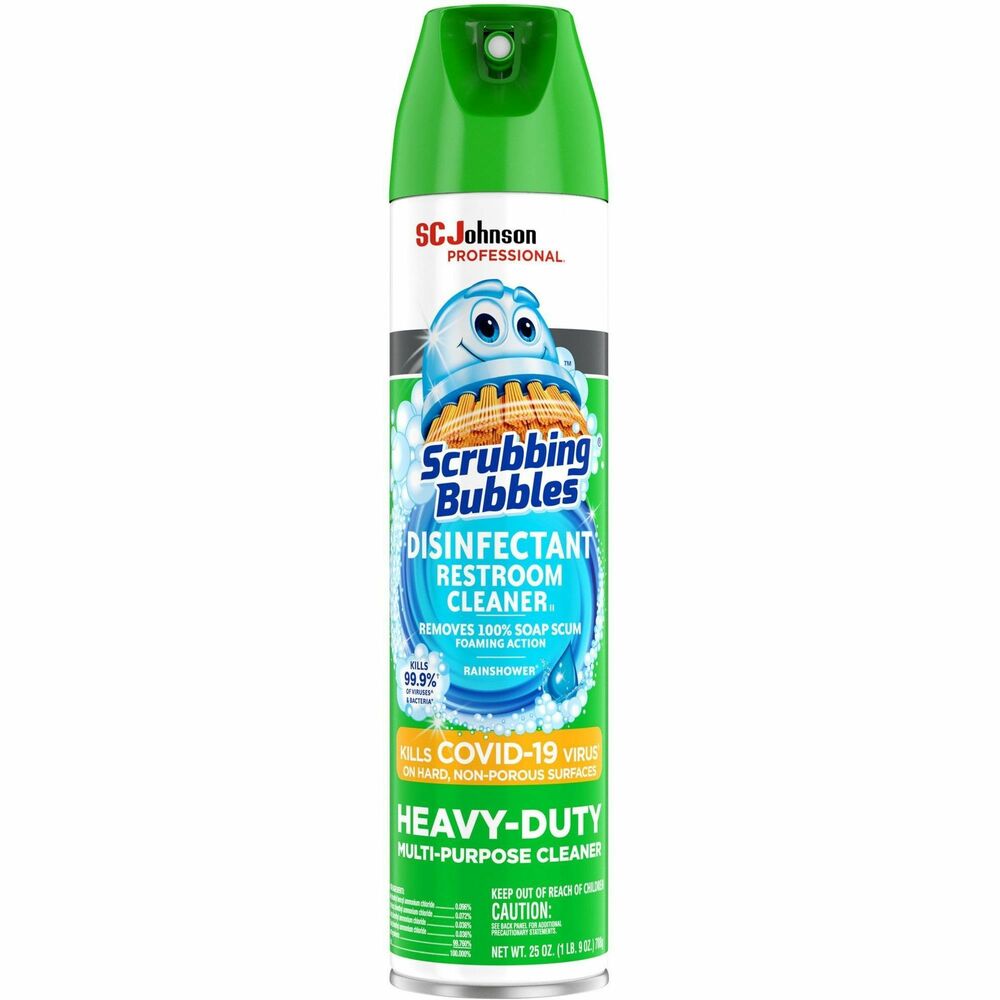 SJN313358 - Scrubbing Bubbles Disinfectant Restroom Cleaner kills 99.9 percent of viruses and bacteria on hard, nonporous surfaces when used as directed. It kills SARS-CoV-2, Herpes Simplex Virus Type 1, Herpes Simplex Virus Type 2, Influenza A (H1N1) Virus, Respiratory Syncytial Virus, Rotavirus, Staphylococcus aureus, Salmonella, Pseudomonas aeruginosa, E. coli and MRSA. Heavy-duty cleaner removes 100 percent soap scum while leaving behind a brilliant shine. Foaming action easily removes lime scale, calcium, rust and dirt. Gentle solution cleans, shines and freshens without harsh fumes. Disinfectant cleaner is perfect for tubs, shower walls, vinyl surfaces, shower doors, sinks, stainless steel, chrome fixtures, glass, laminate and more.