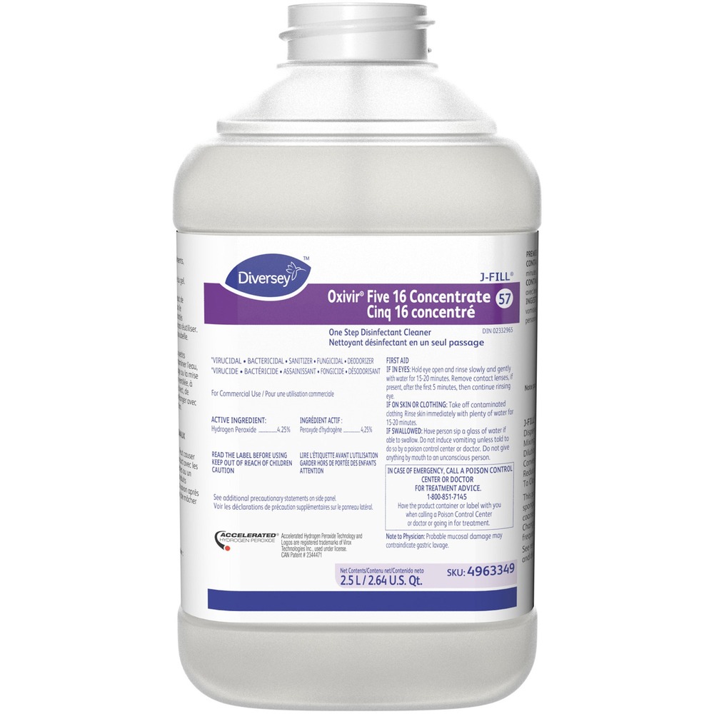 DVO4963331 - This one-step disinfectant cleaner features Accelerated Hydrogen Peroxide (AHP) technology to deliver fast, effective cleaning performance. Fast-acting solution disinfects in just 5 minutes at a 1:16 dilution with no VOCs or NPEs. Virucide, bactericide, fungicide, mildewcide and nonfood contact sanitizer kills MRSA, norovirus, canine parvovirus and more. Environmentally responsible active ingredient breaks down to oxygen and water after use. Concentrated formula delivers cost-efficient performance. Colorless cleaner with a characteristic scent meets bloodborne pathogen standards for decontaminating blood and body fluids. It comes in a J-Fill bottle that works with the J-Fill dispensing system for dispensing accurate cleaning solutions with no measuring, mixing or mess. Metering tip in every bottle ensures precise dilution, reduces maintenance and eliminates the possibility of tampering with dilution ratios. Simply push a button or squeeze the trigger.