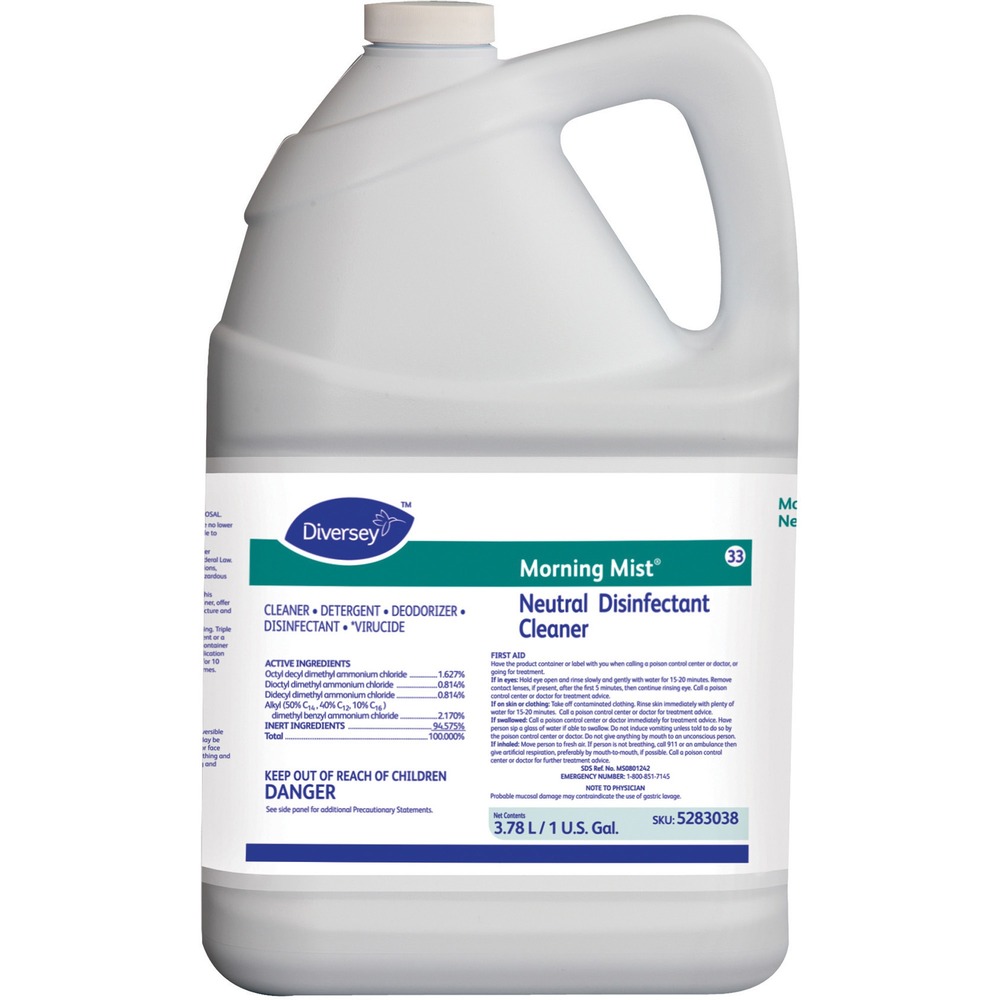 DVO5283038 - Quaternary-based, nonalkaline disinfectant offers excellent cleaning properties to efficiently clean larger areas. Hospital-use disinfectant with a 10-minute contact time meets bloodborne pathogen standards for decontaminating blood and bodily fluids. Disinfectant cleaner is a bactericidal and viricidal and kills MRSA and VRE. Disinfectant cleaner with a fresh scent is perfect for healthcare facilities, hotels, schools and restaurants.