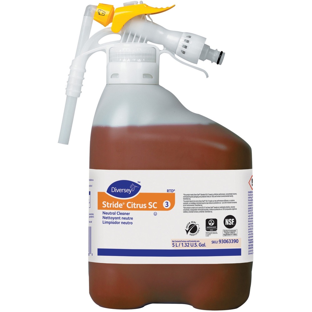 DVO93063390 - Part of the Diversey RTD System, this neutral cleaner features a nonalkaline formula that dries film-free to prevent dulling floor finishes. Easy-to-use solution does not require rinsing for quick, simple cleaning performance. Low-foaming design allows less emptying of recovery tanks and increased performance. Concentrated cleaner with a citrus scent is Green Seal, Greenguard, NSF and Kosher certified. Neutral cleaner is perfect for everyday cleanings of nearly all washable surfaces in an autoscrubber, spray-and-wipe application or mop and bucket. Dilution ratio is 5:16.