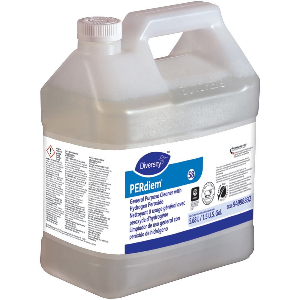 DVO94998832 - Heavy-duty, concentrated cleaner features Accelerated Hydrogen Peroxide (AHP) technology for safe use on most hard surfaces, including marble floors. Multiple dilutions allow cleaning a wide range of cleaning applications, including floors, walls, glass and other hard surfaces. It can also be used for carpet extraction, pre-spray and spotting. Certified by EcoLogo and Green Seal cleaner does not contain any added dyes, phosphorus or fragrance. Colorless, odorless cleaner is perfect for auto scrubbers, mop and bucket and spray-and-wipe applications.