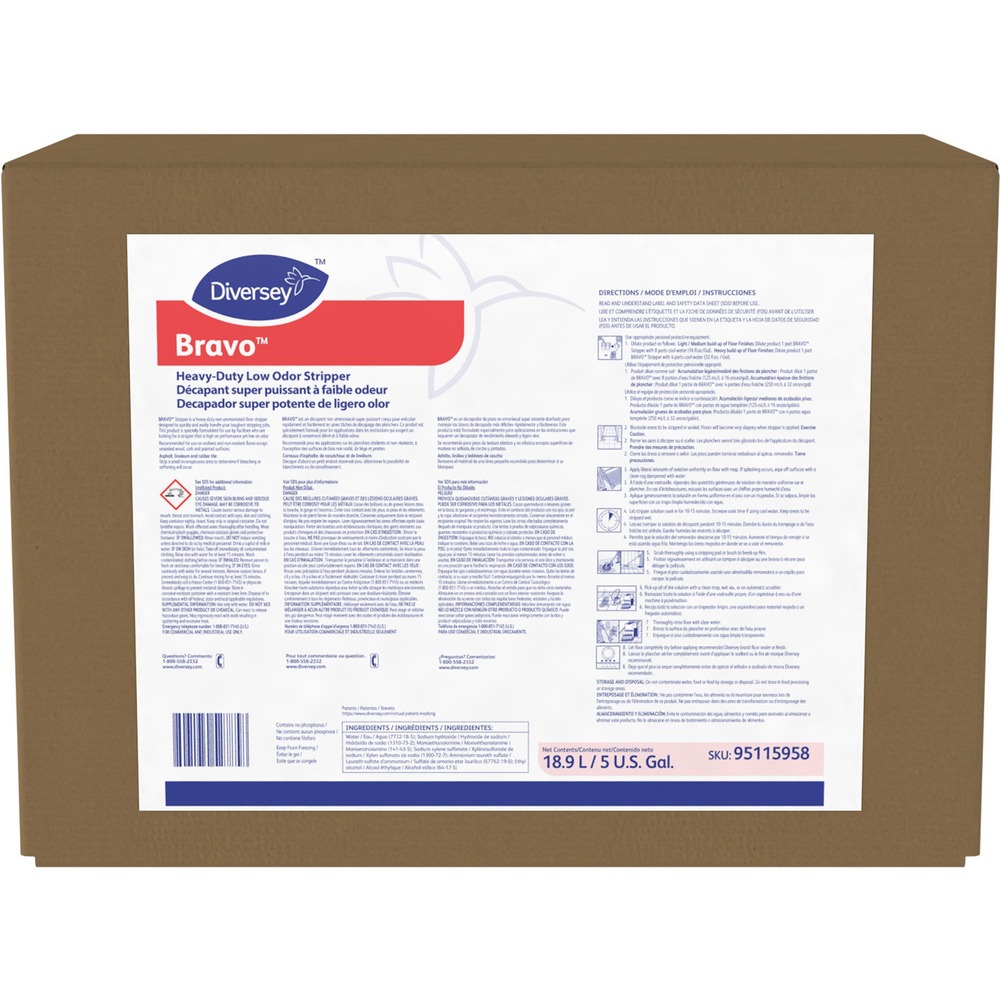 DVO95115958 - Low-odor stripper features a heavy-duty, nonammoniated formula for tough stripping jobs without the odor. Nonsolvenated formula is suitable for use on a wide range of flooring. Multiple dilution rates allow you to effectively clean different levels of buildup. Colorless stripper with a mild scent excels with excellent wetting, penetration and emulsification properties. Stripper is designed for resilient and nonresilient floors.