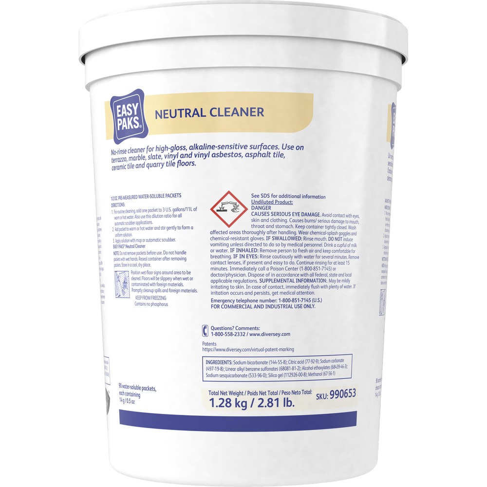 DVO990653 - EasyPaks Neutral Cleaner features a concentrated, powdered compound that quickly dissolves in water to produce a cleaning dilution that can be varied to meet your needs. Cleaner combines the advantages of pre-measured with water-solubility for quick, simple use. Effervescing action ensures that both the cleaner and the packet will dissolve, quickly and completely. Phosphate-free formula leaves no dulling film, even without rinsing. Cleaner is perfect for surfaces ranging from terrazzo, marble, slate and vinyl to asphalt, ceramic tile, quarry tile, terrazzo, marble, concrete, painted surfaces and vinyl.