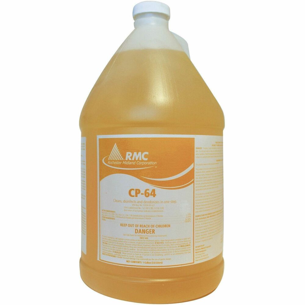 RCM11983227 - CP-64 is a one-step, hospital disinfectant and cleaner that is effective against Human Coronavirus, CA-MRSA, Norovirus, Canine Parvovirus, HIV-1 and many other bacteria and viruses. Dilute at 2 oz. per gallon (1:64) for economical end-use costs. Elevated pH provides excellent cleaning properties for hard surfaces, including toilet bowls and urinals. Cleaner is used in hospitals and has proven effective against norovirus and MRSA infections. It has a fresh lemon fragrance and light yellow color.