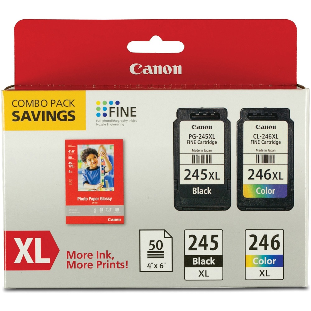 CNMPG245XLCL246 - Combo Pack includes two extra-large capacity ink cartridges and photo-size sheets to produce prints of exceptional quality and remarkable durability. Ink cartridges feature FINE (Full-Photolithography Inkjet Nozzle Engineering) Technology for added sharpness, detail and longevity. PG-245XL and CL-246XL are designed for use in Pixma iP2820, MG2420, MG2520, MG2924, MG3020, TS202, TS3120 and TS3320. A genuine Canon XL ink cartridge means high capacity, which means more ink for more prints. Glossy photo paper is 4" x 6". Environmentally conscious value pack is made with the next generation in mind so the paper board packaging is made with recycled material.