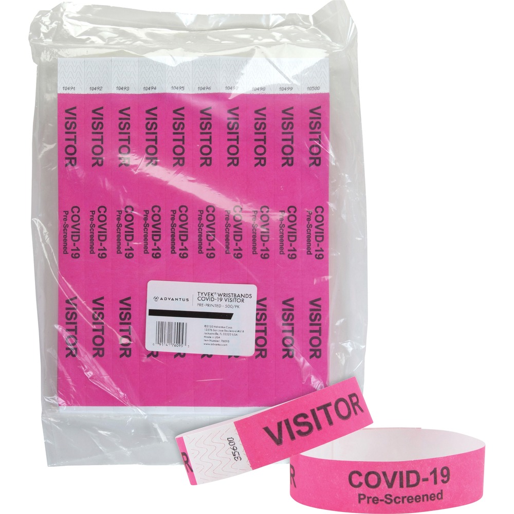 AVT76095 - Promote safety and peace of mind using these COVID Prescreened Visitor Wristbands. They identify visitors screened at entry for COVID-19 with their preprinted message: "VISITOR COVID-19 PreScreened VISITOR". Using highly visible identification as part of your reopening strategy shows guests you're doing your part to ensure their safety. Wristbands are perfect for offices, hospitals, doctors' offices, government buildings and schools. Preprinted Tyvek material is water-resistant and tear-resistant to withstand handwashing, hand sanitizing and daily use. Wristbands also feature a secure, tamper-resistant adhesive tab.