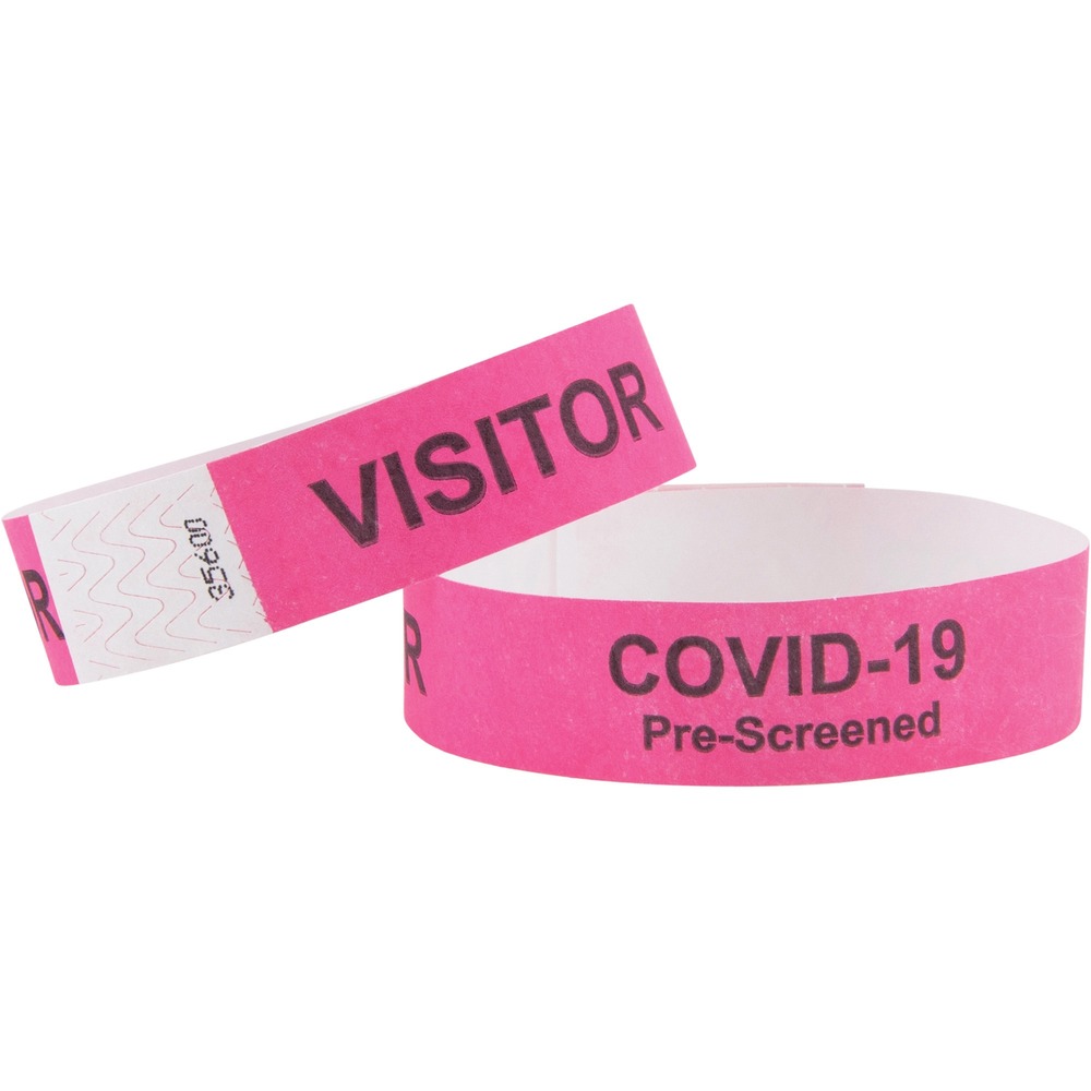 AVT76099 - Promote safety and peace of mind using these COVID Prescreened Visitor Wristbands. They identify visitors screened at entry for COVID-19 with their preprinted message: "VISITOR COVID-19 PreScreened VISITOR". Using highly visible identification as part of your reopening strategy shows guests you're doing your part to ensure their safety. Wristbands are perfect for offices, hospitals, doctors' offices, government buildings and schools. Preprinted Tyvek material is water-resistant and tear-resistant to withstand handwashing, hand sanitizing and daily use. Wristbands also feature a secure, tamper-resistant adhesive tab.