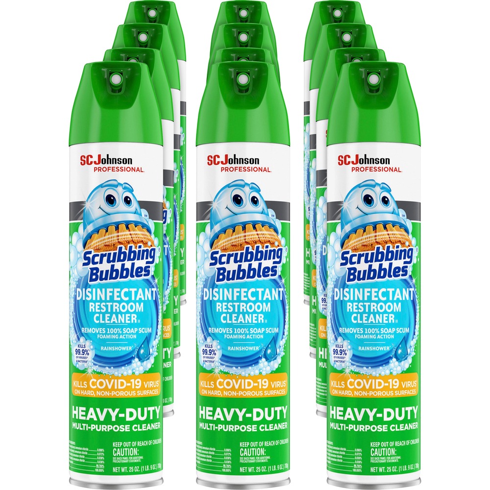 SJN313358CT - Scrubbing Bubbles Disinfectant Restroom Cleaner kills 99.9 percent of viruses and bacteria on hard, nonporous surfaces when used as directed. It kills SARS-CoV-2, Herpes Simplex Virus Type 1, Herpes Simplex Virus Type 2, Influenza A (H1N1) Virus, Respiratory Syncytial Virus, Rotavirus, Staphylococcus aureus, Salmonella, Pseudomonas aeruginosa, E. coli and MRSA. Heavy-duty cleaner removes 100 percent soap scum while leaving behind a brilliant shine. Foaming action easily removes lime scale, calcium, rust and dirt. Gentle solution cleans, shines and freshens without harsh fumes. Disinfectant cleaner is perfect for tubs, shower walls, vinyl surfaces, shower doors, sinks, stainless steel, chrome fixtures, glass, laminate and more.