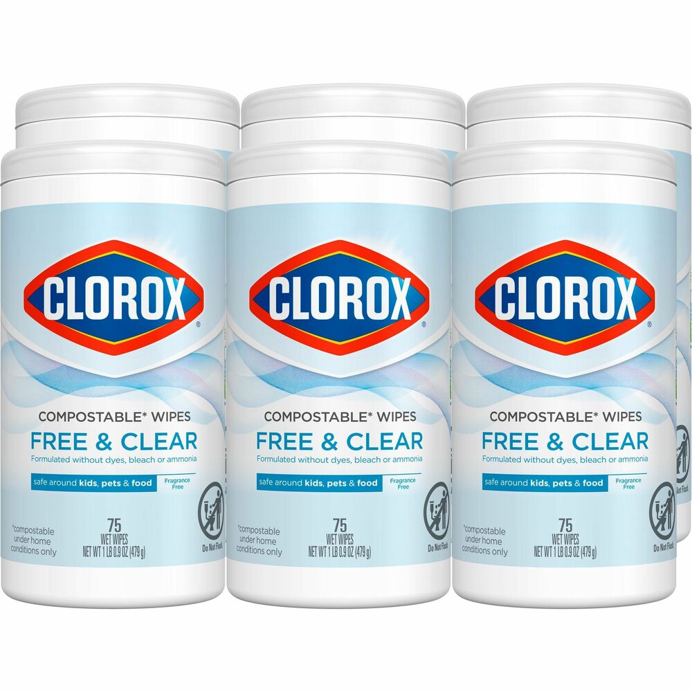 CLO32486CT - Clorox Compostable Cleaning Wipes clean messes without harsh chemical fumes or residue with these multi-use wipes that are safe to use around children, pets and food-contact surfaces. These compostable wipes are tough on grease and can cut through grime on a variety of hard surfaces throughout your home including sealed wood, sealed granite, stainless steel and more. The perfect addition to your household cleaning supplies, Clorox Compostable Cleaning Wipes are Safer Choice certified and made from plant-based fibers. Grab these easy, accessible cleaning wipes for everyday cleanups and tough messes.