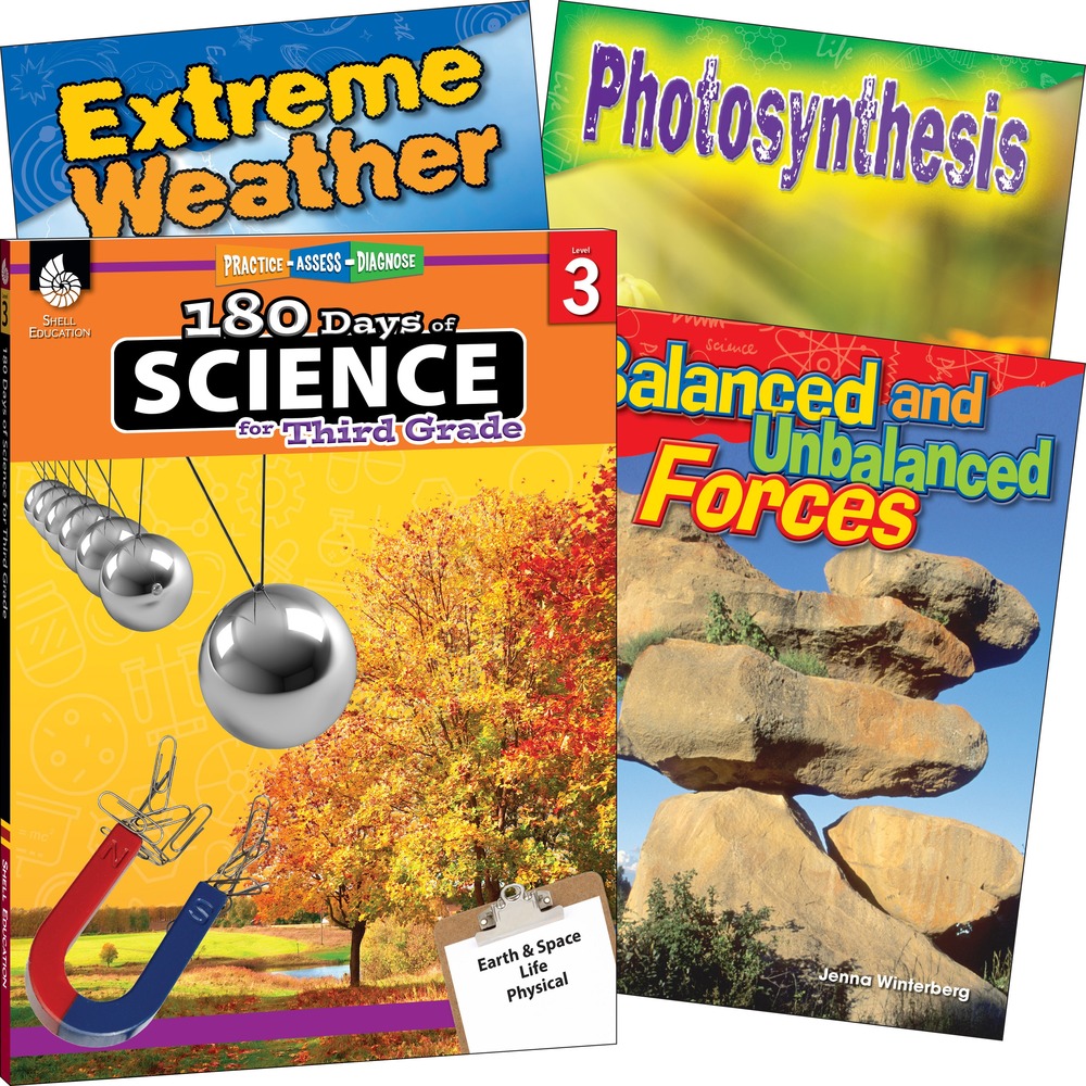 SHL118404 - Set the foundation for reading success while teaching the essential science and STEM concepts students need to know at their grade level with this book set. Comprehensive material covers the three strands of science, including life science, physical science, and Earth and space science. The science workbook offers 180 days of fun, daily science activities. Three nonfiction science books contain simple text and bright images to help beginning readers understand basic science concepts. The fun, simple science experiments support hands-on learning to truly engage budding young scientists. Book set includes 180 Days of Science for Third Grade, Photosynthesis, Balanced and Unbalanced Forces, and Extreme Weather.