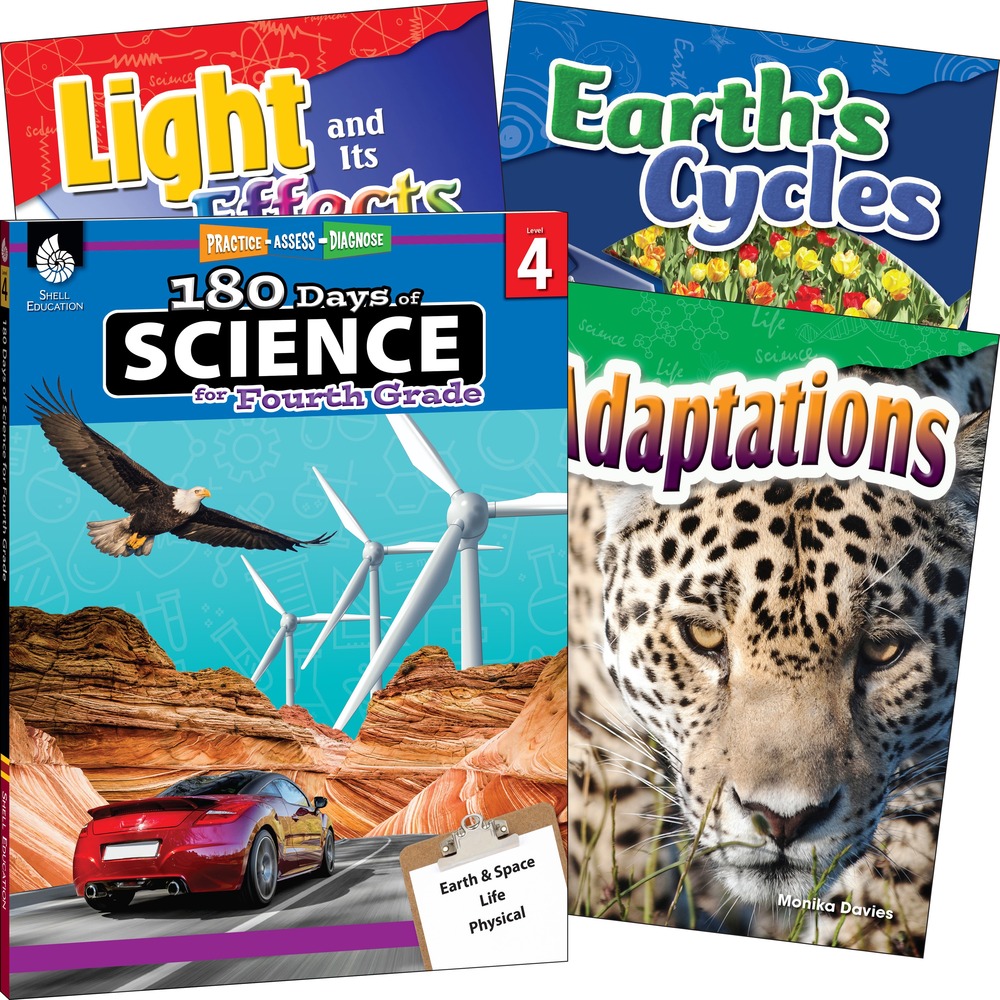 SHL118405 - Set the foundation for reading success while teaching the essential science and STEM concepts students need to know at their grade level with this book set. Comprehensive material covers the three strands of science, including life science, physical science, and Earth and space science. The science workbook offers 180 days of fun, daily science activities. Three nonfiction science books contain simple text and bright images to help beginning readers understand basic science concepts. The fun, simple science experiments support hands-on learning to truly engage budding young scientists. Book set includes 180 Days of Science for Fourth Grade, Adaptations, Light and Its Effects, and Earth's Cycles.