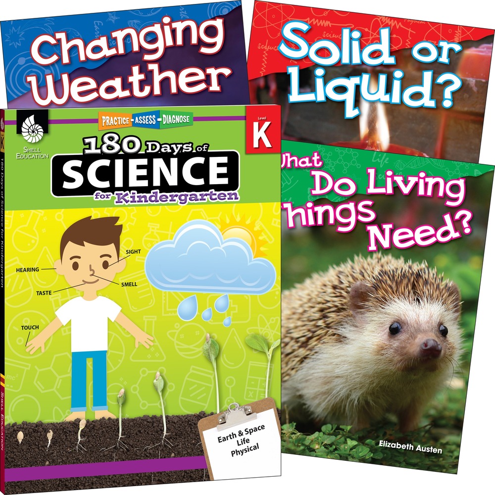 SHL118401 - Set the foundation for reading success while teaching the essential science and STEM concepts students need to know at their grade level with this book set. Comprehensive material covers the three strands of science, including life science, physical science, and Earth and space science. The science workbook offers 180 days of fun, daily science activities. Three nonfiction science books contain simple text and bright images to help beginning readers understand basic science concepts. The fun, simple science experiments support hands-on learning to truly engage budding young scientists. Book set includes 180 Days of Science for Kindergarten, What Do Living Things Need, Solid or Liquid, and Changing Weather.