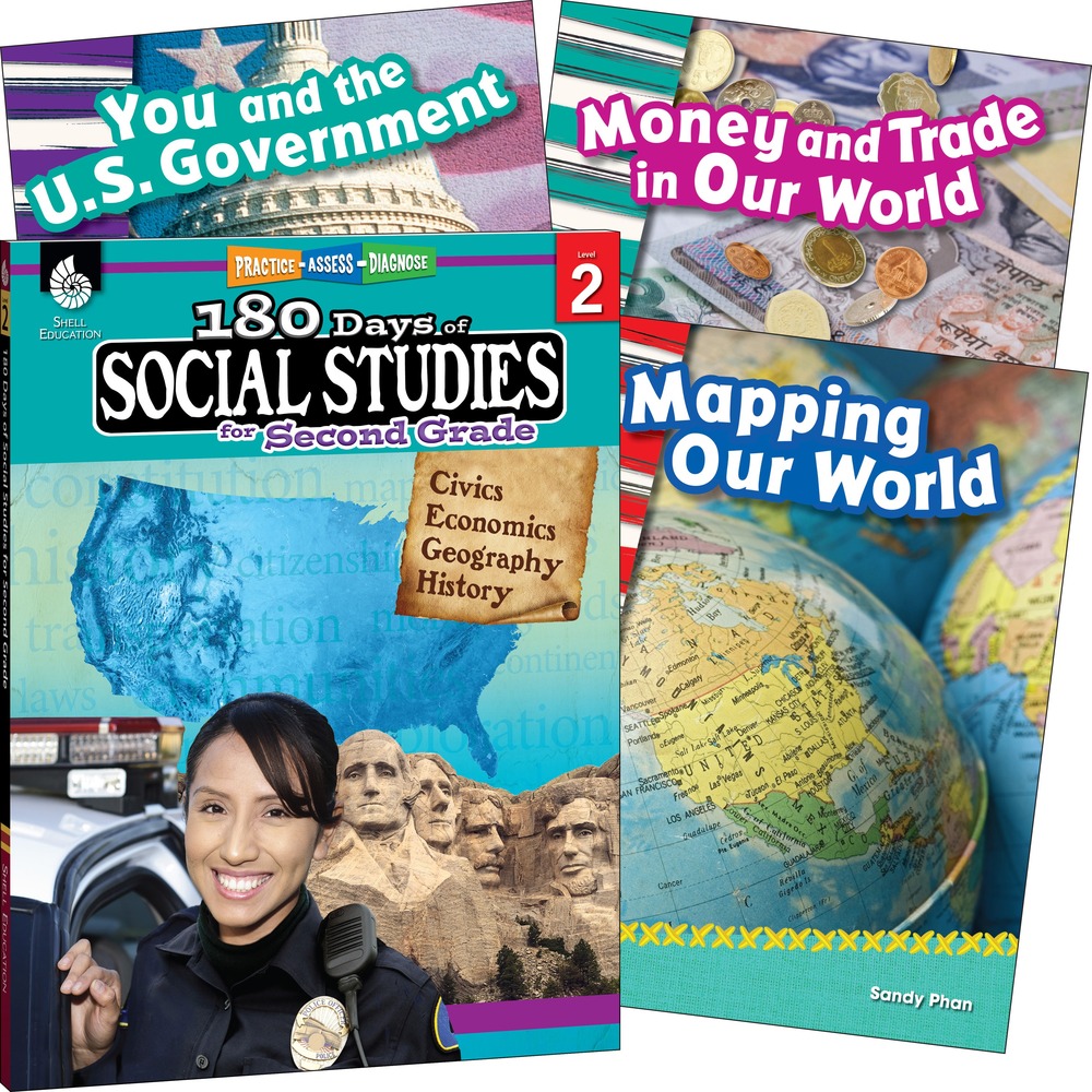 SHL118396 - Set the foundation for reading and social studies success with this book set. Comprehensive material covers the essential social studies concepts that students need to know at their grade level. Engaging material builds social studies skills through fun, daily practice worksheets and high-interest books. Social studies workbook offers 180 days of activities from either history, economics, civics or geography. Three nonfiction books for children help readers understand social studies topics such as how to read a map, financial literacy, the U.S. government and more. Book set includes 180 Days of Social Studies for Second Grade, Mapping Our World, Money and Trade in Our World, and You and the U.S. Government.
