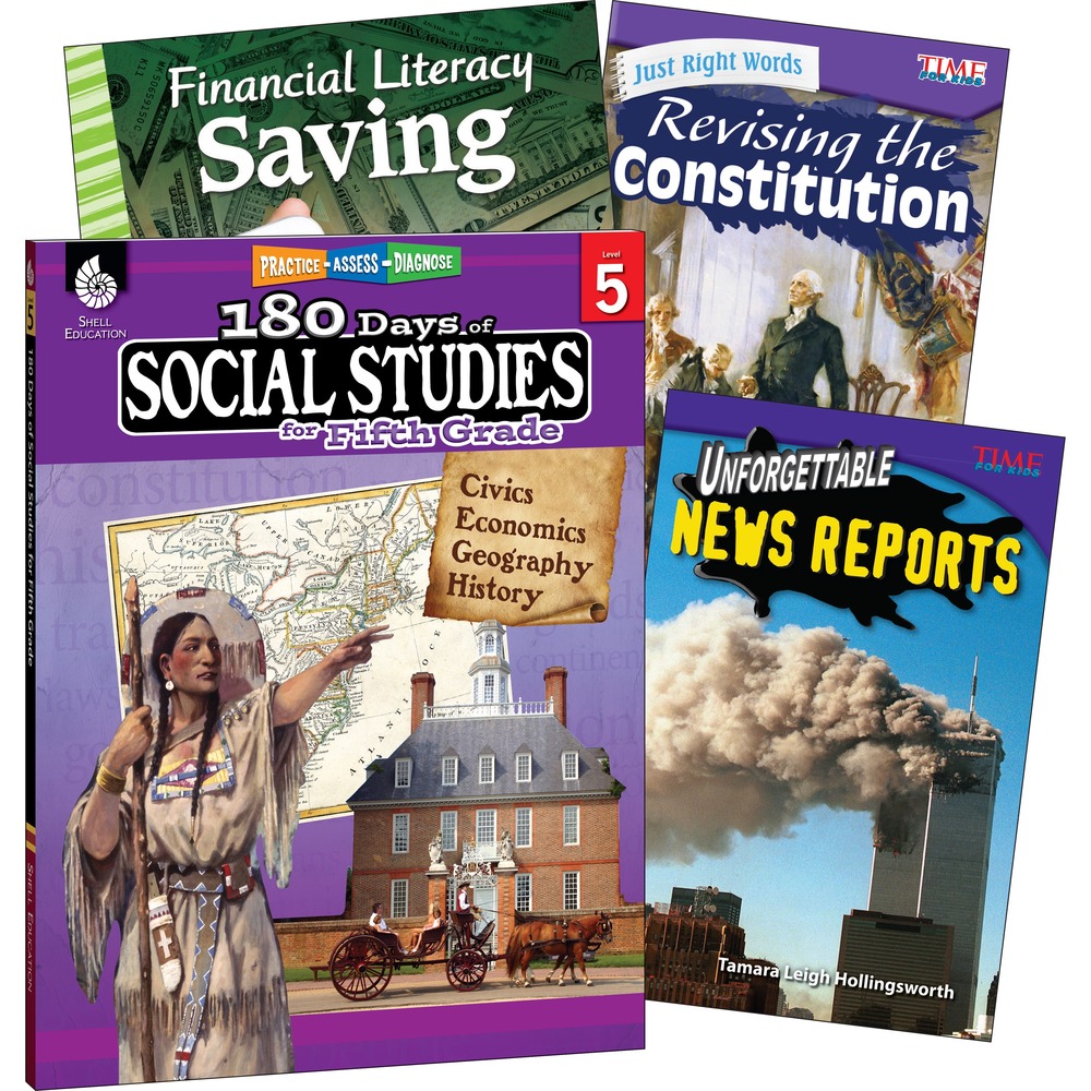SHL118399 - Set the foundation for reading and social studies success with this book set. Comprehensive material covers the essential social studies concepts that students need to know at their grade level. Engaging material builds social studies skills through fun, daily practice worksheets and high-interest books. Social studies workbook offers 180 days of activities from either history, economics, civics or geography. Three nonfiction books for children help readers understand social studies topics such as the U.S. Constitution, financial literacy and catastrophic historical events. Book set includes 180 Days of Social Studies for Fifth Grade, Just Right Words: Revising the Constitution, Unforgettable News Reports, and Financial Literacy: Saving.