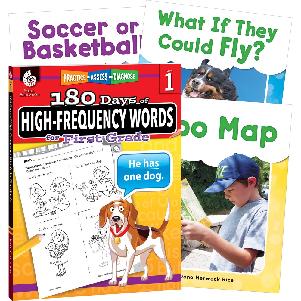 SHL109746 - This book set helps beginning readers learn to recognize the most frequently used words in written English to set them up for lifelong reading success. The workbook include 180 days of sight word activities that are engaging and appealing to young learners. Accompanying nonfiction books give students the opportunity to practice what they've learned. Each book features sight words arranged in simple phrases paired with clear images and rebus pictures. Watch students' confidence soar as they take what they've learned from their daily practice and begin to read independently. Book set includes 180 Days of High-Frequency Words for First Grade, Soccer or Basketball, What If They Could Fly, and Zoo Map.