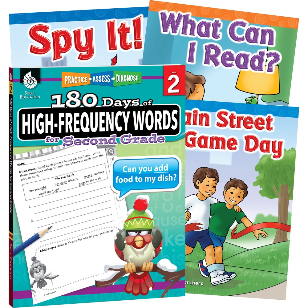 SHL109747 - Book set features daily practice worksheets and fun fiction books to help teach sign words and phonics. Comprehensive material helps students learn to recognize the most frequently used words in written English to set them up for lifelong reading success. The workbook includes 180 days of fun, daily activities including cutting, coloring, tracing, matching, circling, drawing and cloze sentences. The accompanying phonics books offer easy rhymes and familiar vocabulary words that work with the bright images to develop students' early phonics and literacy skills. Book set includes 180 Days of High-Frequency Words for Second Grade, Spy It!, What Can I Read, and Main Street Game Day.