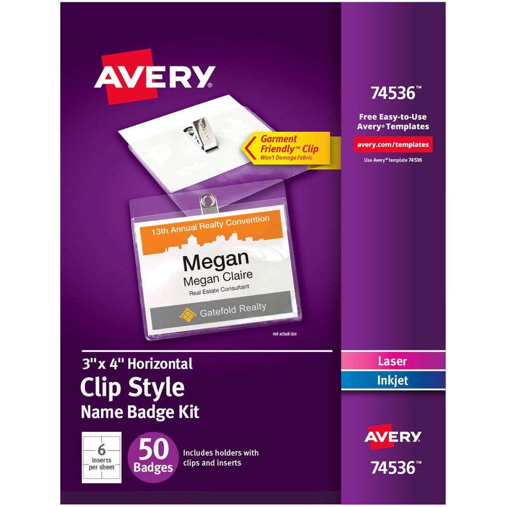 AVE74536 - Easily create high-quality, professional name tags right from your home or office. These Top-Loading Clip-Style Name Badges feature a garment-friendly clip that holds firmly without damaging fabric. Durable, soft plastic holders are reusable, and their pocket-style design makes loading inserts quick and easy. Easily import contact information and customize your badges with personal titles, company names, logos and more using the free templates. They are compatible with both laser and inkjet printers. Each sheet includes six badges. Each set includes 50 white badge inserts and 50 clear plastic badge holders with clips. More from the Manufacturer