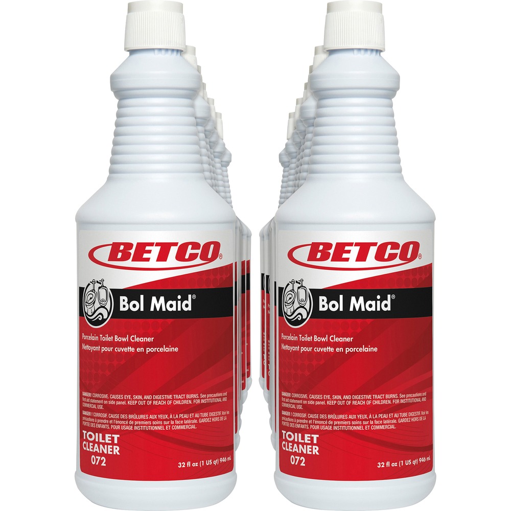 BET0721200 - Bol Maid Toilet and Urinal Cleaner is made with 9 percent hydrochloric acid and detergents to quickly remove rust, scale, stains, hard water mineral deposits and urine salts. It is pleasantly scented with a mint fragrance. Ready-to-use cleaner is inhibited to protect plumbing and fixtures.