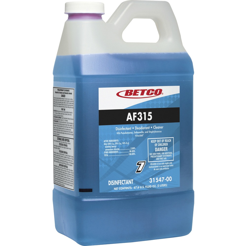 BET3154700 - This neutral pH disinfectant cleans, disinfects and deodorizes in one step. Formulated to aid in reducing cross-contamination, it kills HIV-1 (AIDS) on precleaned surfaces/objects. It removes gross filth or heavy soil and thoroughly cleans surfaces. When used as directed, AF315 is effective against a wide variety of gram-positive and gram-negative bacteria. The effective, concentrated cleaning product will not dull most floor finishes while providing long-lasting freshness against tough odors. As part of the FastDraw system, it is numbered (FastDraw 7) and color-coded to eliminate misuse. Spill-proof bottle helps prevent chemical contact with cleaning staff. Patented technology uses two metering tips for low-flow and high-flow dilution. Curved siphon tubes on the FastDraw Dispensers (not included) allow complete product evacuation, eliminating waste.