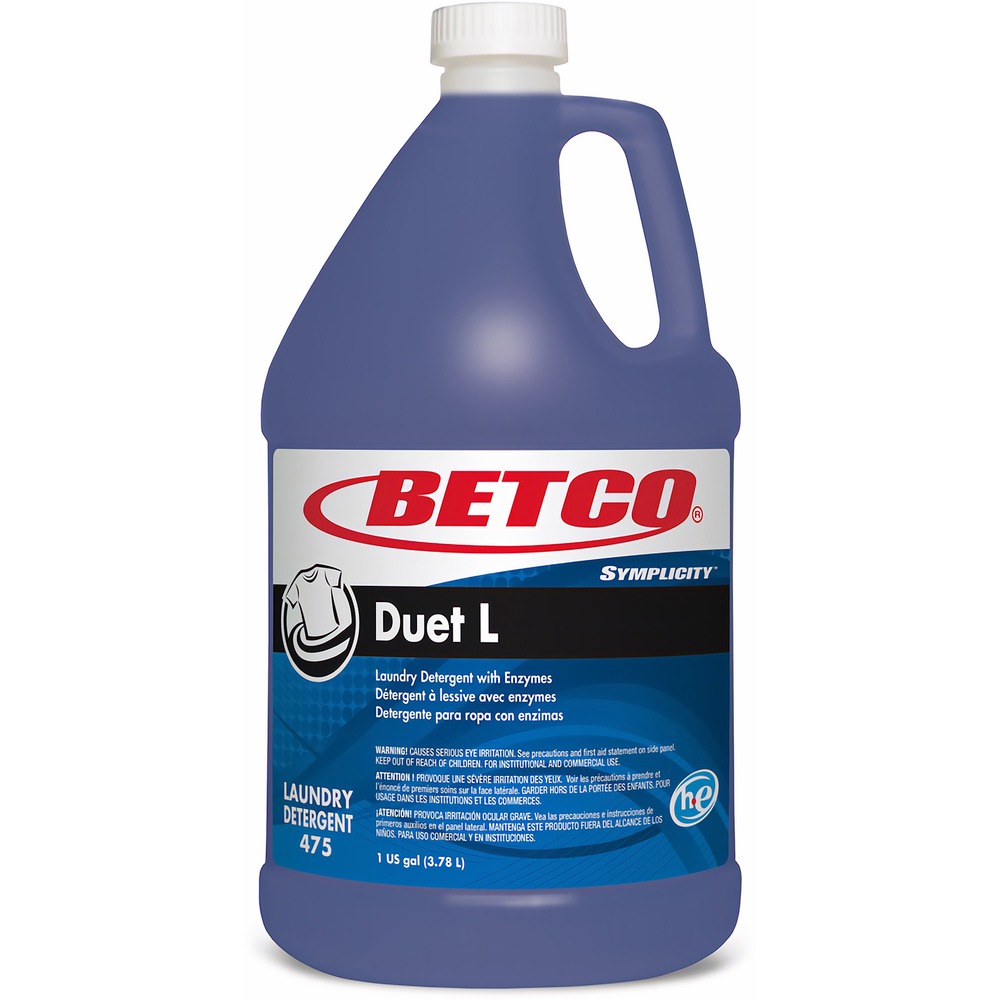 BET4750400 - Symplicity Duet L Liquid Laundry Detergent brightens and whitens as it safely lifts stubborn dirt and stains. This all-in-one detergent with enzymes performs well in all water temperatures and is safe for all types of water-fast natural and synthetic fabrics. It is even with a chlorine scavenger to battle fading fabric by preventing chlorine in the water supply. Concentrated formula saves time and delivers cost-effective use. It makes low environmental impact with low VOCs and no phosphorous, APE, NPE or EDTA.