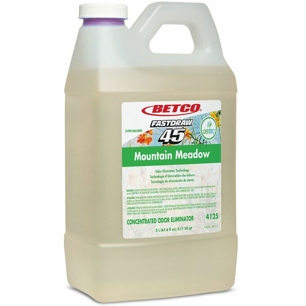 BET4125B200 - Sentec Odor Eliminator traps and permanently removes odors from the air, significantly reducing the malodor present. Unique, dual malodor-counteractant technology eliminates odors and leaves behind the fresh, high-end fragrance of Mountain Meadow. Concentrated formula is effective against a broad range of odors. It meets and exceeds California VOC content requirements. Dilution ratios range from 1:10 to 1:256 according to application. As part of the FastDraw system, it is numbered (FastDraw 46) and color-coded to eliminate misuse. Spill-proof bottle helps prevent chemical contact with cleaning staff. Patented technology uses two metering tips for low-flow and high-flow dilution. Curved siphon tubes on the FastDraw Dispensers (not included) allow complete product evacuation, eliminating waste.