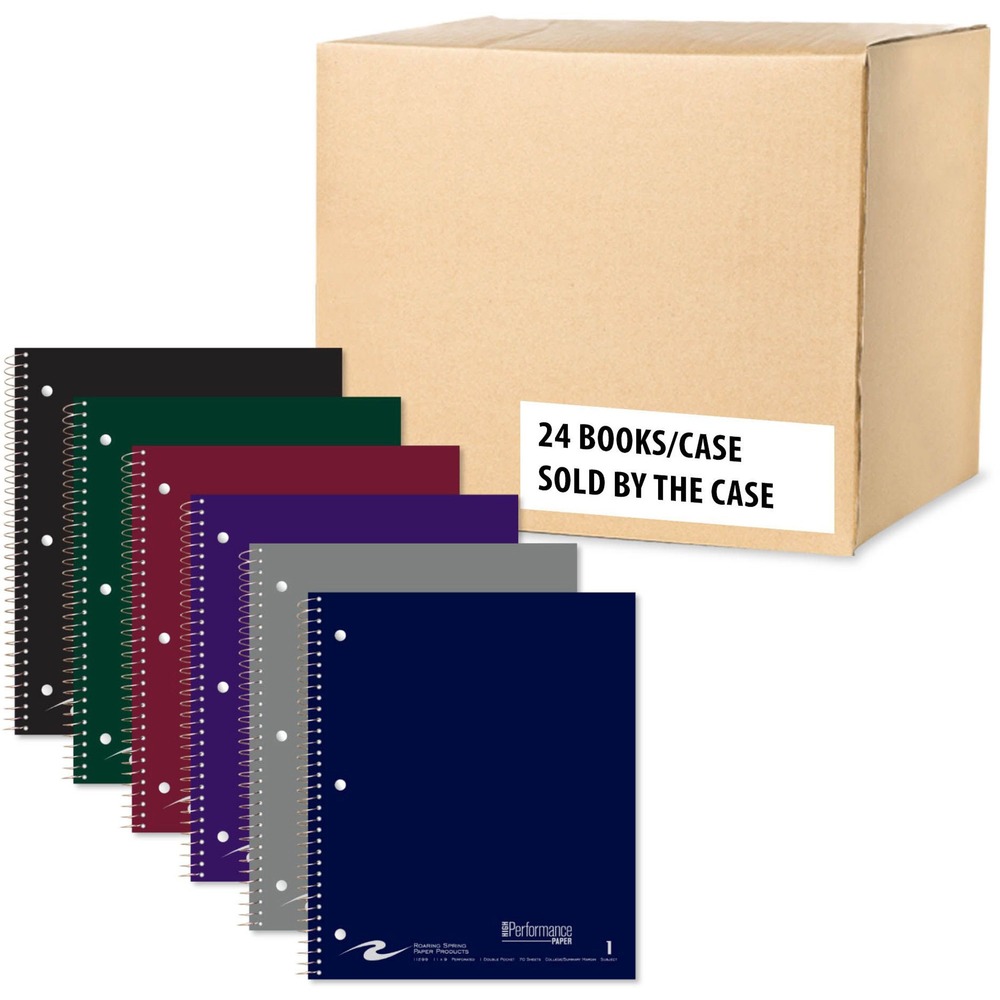 ROA11299CS - These one-subject, wire-bound notebooks are perfect for focusing on one project or class. Each notebook includes one double-storage pocket for loose paper. Smooth, white, 20 lb. writing paper is law-ruled (college-ruled with a 3" red margin line). Sheets are microperforated for easy, clean tear-out. Covers are made from 16 point Saranac board and packed in four assorted colors. Ends of the spiral wire are coil-locked for snag-proof performance. Each 9" x 11" book contains 80 sheets and is three-hole punched along the 11" binding edge so it can easily fit inside letter-size, three-ring binders.