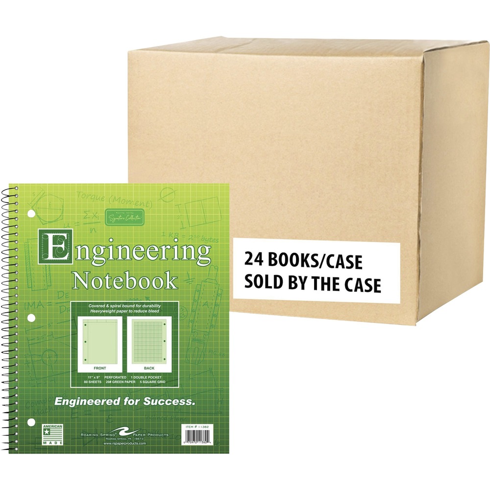 ROA11382CS - Part of the Signature Collection, these Engineering Notebooks are covered and spiral-bound for durability. Heavyweight paper reduces bleed. The 20 lb. paper features a frame front with a 1/2" margin and a 5 x 5 enclosed grid on the back for precise sketches, record-keeping and notes. Each 9" x 11" notebook contains 80 sheets and an oversized double pocket under the cover for storing loose paper. Perforated, 8-1/2" x 11" sheets and cover are three-hole punched along the 11" binding edge so it can easily fit inside letter-size, three-ring binders.