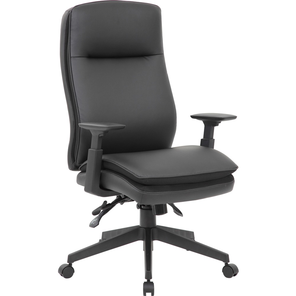 LLR03206 - High-back executive chair brings comfort and stability to any office environment. It features durable, premium vinyl upholstery and high-back styling with exemplary lumbar support. Arms adjust in height from 24" to 30" for best positioning. Executive chair also features pneumatic gas lift seat-height adjustment from 19-1/2" to 22-1/2" , 360-degree swivel, adjustable tilt tension control, spring tilt mechanism, and ability to lock in the upright position. Large 27" , five-star nylon base provides stability while affording plenty of mobility thanks to its five hooded, double-wheel casters. Seat size is 20" wide x 18-1/2" deep. Back size is 20" wide x 28" high. Weight capacity is 275 lb.