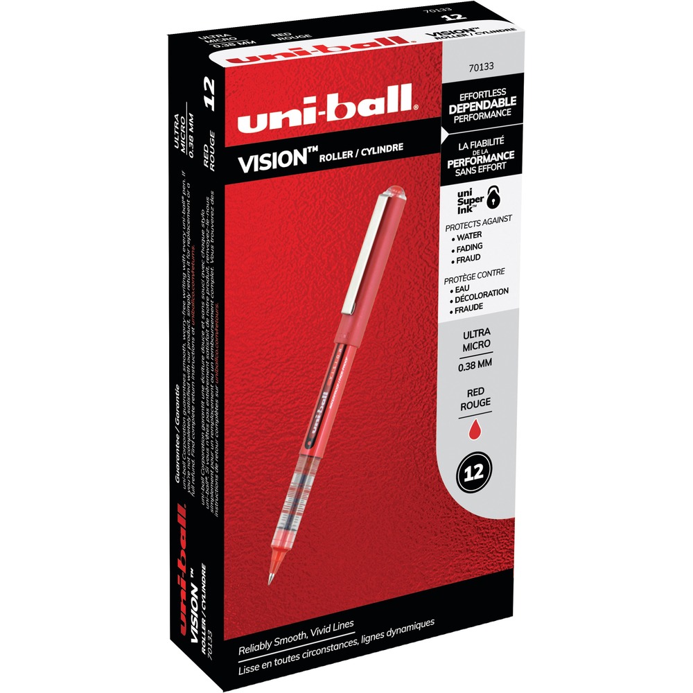 UBC70133 - Make your everyday writing experience easy with the effortless, dependable performance of Vision Rollerball Pens. Ultra-fine point (0.38mm) delivers an even, liquid ink laydown for reliably smooth, vivid lines and a rich color for improved clarity and readability. Capped, archival-quality, acid-free pens are great for all writing tasks including note-taking and record-keeping. Innovative, uni Super Ink technology forms a bond with paper to minimize the risk of check washing or document fraud and protects against water and fading. Exclusive, uni-Flow Ink System ensures a consistent, fluid writing experience. Translucent window ensures that you don't run out of ink unexpectedly. Enjoy beautiful, clean lines and give your ideas a burst of color with these classic, rollerball pens.